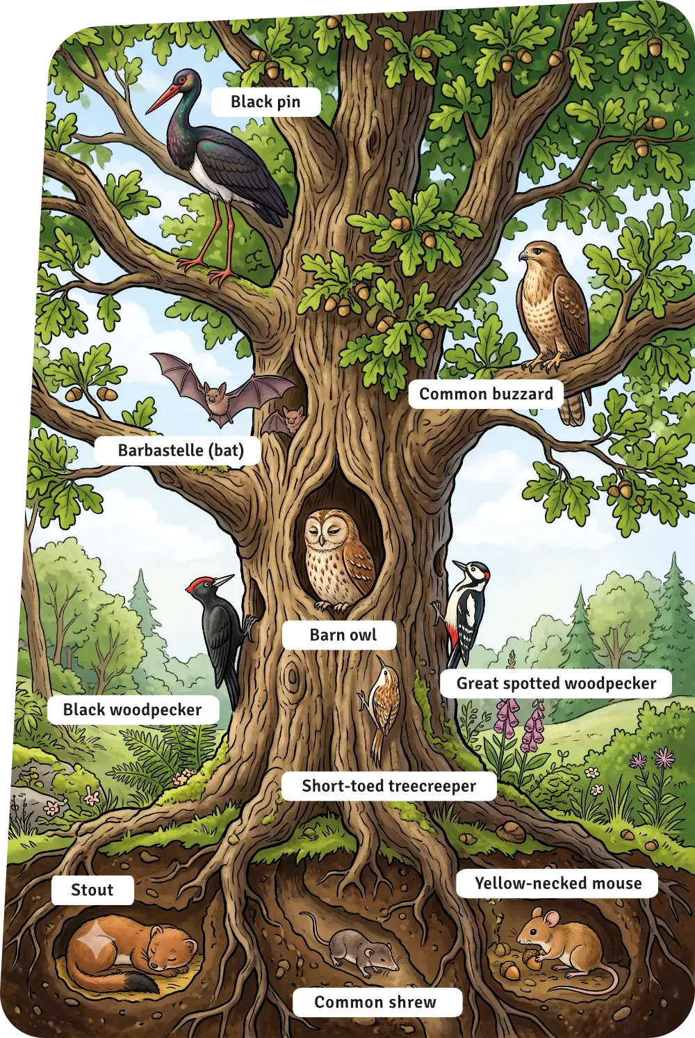 Animals living in an old tree: barn owl, black woodpecker, great spotted woodpecker, barbastelle bat, common buzzard, short-toed treecreeper, stout, common shrew, yellow-necked mouse